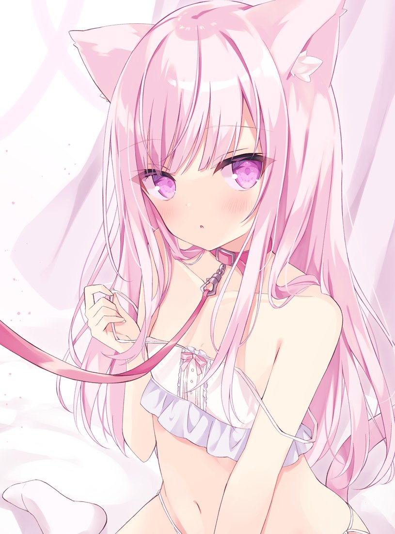 1girl animal_ear_fluff animal_ears bangs blush camisole cat_ears cat_girl cat_tail collar collarbone commentary_request crop_top eyebrows_visible_through_hair hand_up hoshi_(snacherubi) leash long_hair navel original panties parted_lips pink_hair pulled_by_self purple_eyes red_collar socks solo strap_pull strap_slip tail underwear underwear_only very_long_hair white_camisole white_legwear white_panties
