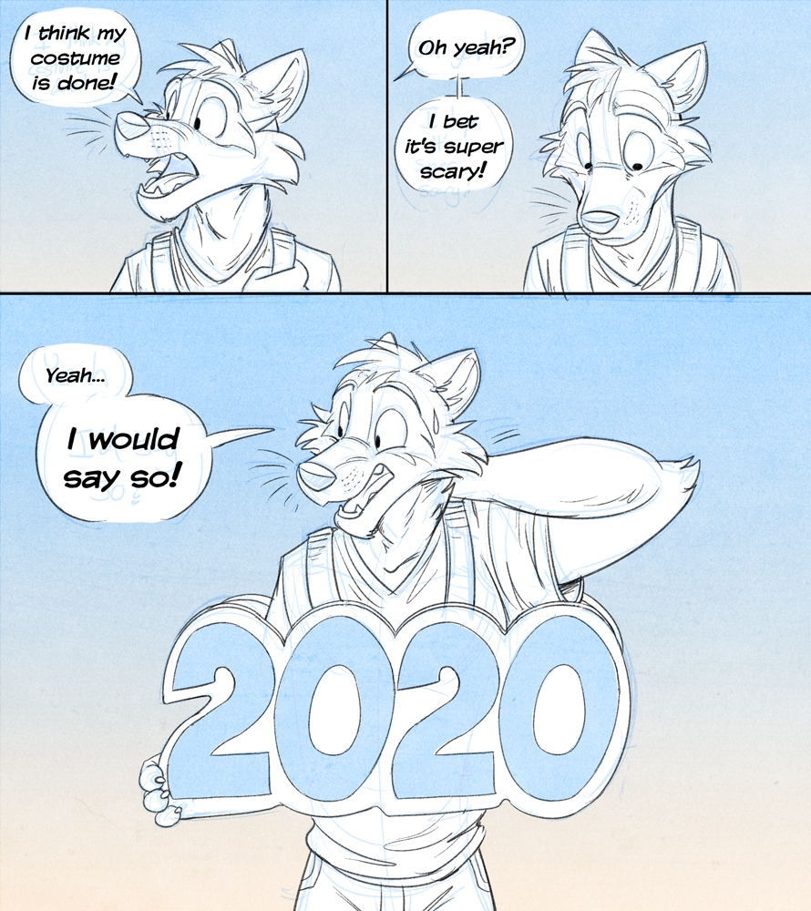2020 anthro blue_background bottomwear clothed clothing comic costume dialogue duo english_text gradient_background guide_lines halloween hand_behind_head holidays humor male mammal offscreen_character open_mouth pants procyonid raccoon shirt simple_background solo_focus temiree text the_truth topwear