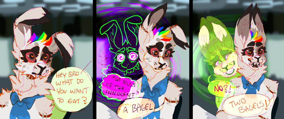ambiguous_gender anthro clothing comic costume delivery_(disambiguation) duo duo_focus five_nights_at_freddy's fnaf_ar fnafar frillious fursuit glitch glitchtrap group lagomorph leporid looking_aside looking_away mammal mixed_media multimedia rabbit reluctant_follower smile unknown_species vanny vanny_(fnaf) video_games vines