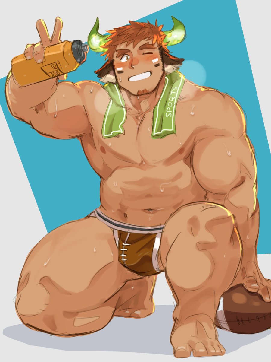 1boy abs animal_ears ass_visible_through_thighs bara bare_chest blush brown_hair bulge chest cow_ears facial_hair forked_eyebrows full_body glowing_horns goatee highres horns jockstrap male_focus muscle navel nipples rugby_ball short_hair sideburns solo sweat thick_eyebrows thick_thighs thighs tokyo_houkago_summoners towel towel_around_neck underwear v wakan_tanka zuoyu4