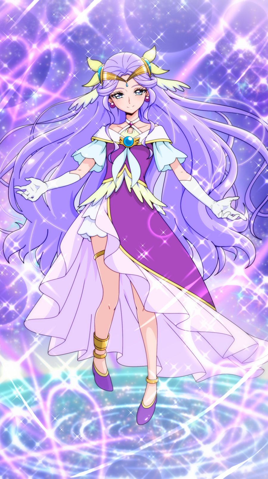 1girl anklet bangs blue_eyes circlet closed_mouth collarbone criss-cross_halter cure_earth dress elbow_gloves full_body fuurin_asumi gloves halterneck healin'_good_precure highres jewelry layered_skirt long_hair looking_at_viewer miniskirt parted_bangs precure pumps purple_dress purple_footwear purple_hair shiny shiny_hair skirt skirt_under_dress smile solo thighlet tj-type1 very_long_hair white_gloves white_skirt