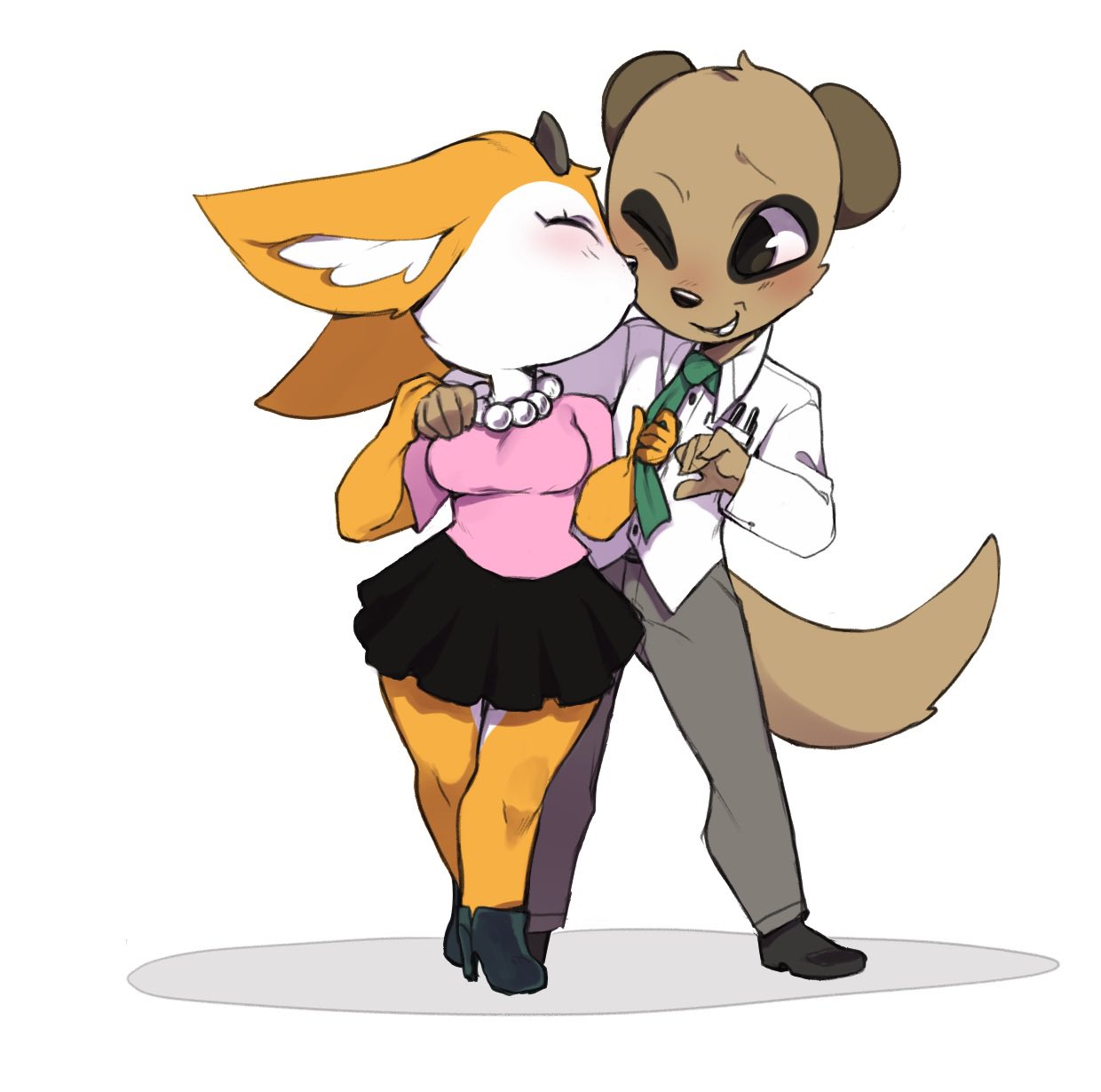 aggressive_retsuko anthro big_breasts blush bottomwear breasts chief_komiya clothing duo embrace eyes_closed female hi_res kissing kissing_cheek komiya male male/female necktie one_eye_closed punipaws romantic_couple sanrio simple_background skirt smile thick_thighs tsunoda tugging_clothing wink