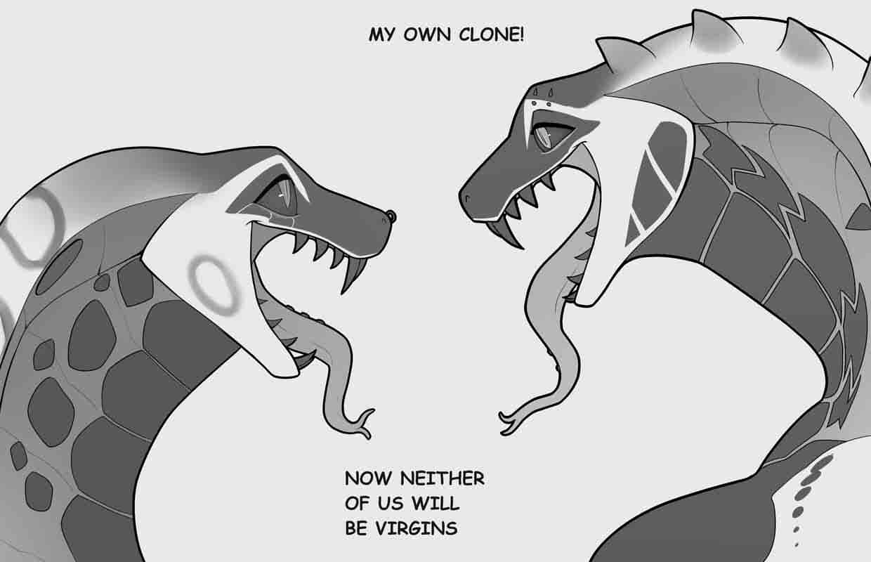 2020 anthro cobra comic_sans compression_artifacts densantra_(deathhydra) derek_hetrick dialogue duo english_text eyebrow_piercing facial_piercing female forked_tongue furgonomics furry-specific_piercing glowing glowing_markings grey_background horn looking_at_another markings meme monochrome nose_piercing open_mouth open_smile piercing reptile rose_(deathhydra) scalie sharp_teeth simple_background smile snake snake_hood snake_hood_piercing spikes spikes_(anatomy) spines teeth text tongue tongue_out tongue_piercing