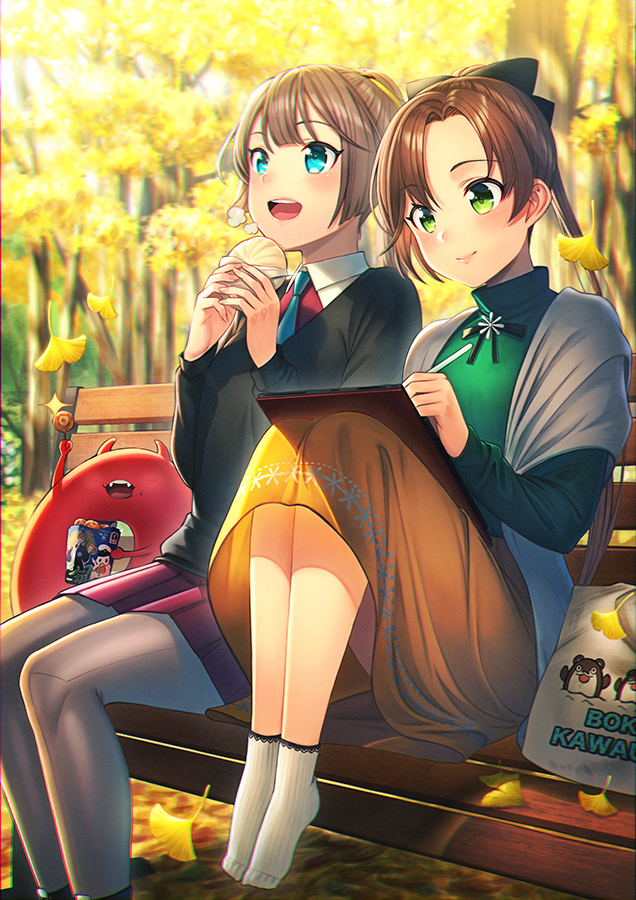 2girls akigumo_(kantai_collection) alternate_costume autumn autumn_leaves bag blue_eyes blush brown_hair dress enemy_lifebuoy_(kantai_collection) eyebrows_visible_through_hair food green_eyes hair_between_eyes hair_ribbon kantai_collection kazagumo_(kantai_collection) long_hair long_skirt long_sleeves looking_at_object looking_away multiple_girls necktie open_mouth pantyhose ponytail ribbon shirt skirt smile socks tree unowen white_legwear white_shirt