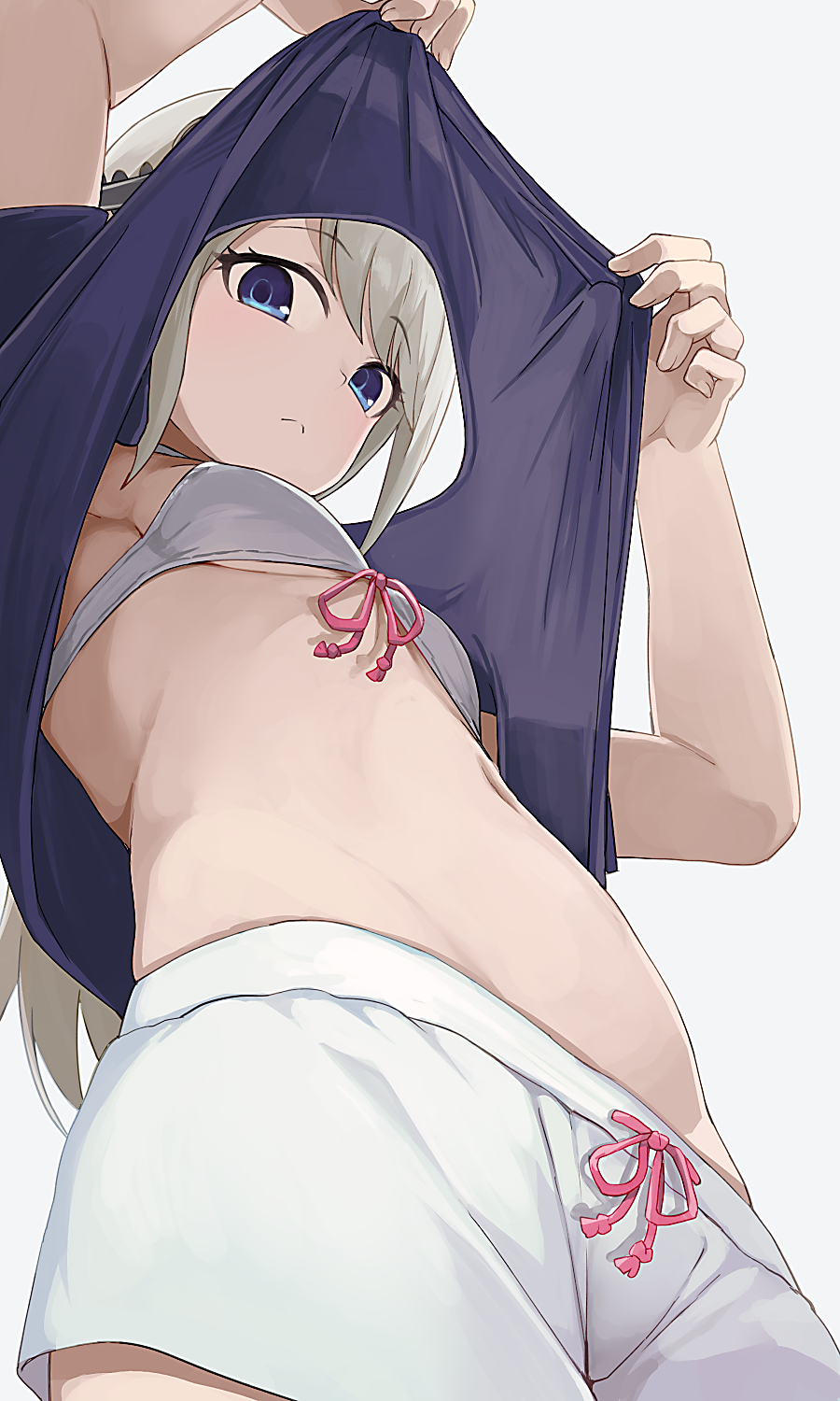 1girl bikini bikini_shorts bikini_top bikini_under_clothes blue_eyes blue_shirt breasts closed_mouth cowboy_shot eyebrows_visible_through_hair from_below front-tie_bikini front-tie_top frown highres hiroki_(yyqw7151) kaguya-sama_wa_kokurasetai_~tensai-tachi_no_renai_zunousen~ lifted_by_self looking_at_viewer looking_down navel shirogane_kei shirt shirt_lift short_hair short_sleeves shorts sidelocks silver_hair small_breasts solo stomach swimsuit swimsuit_under_clothes underboob white_bikini white_hair