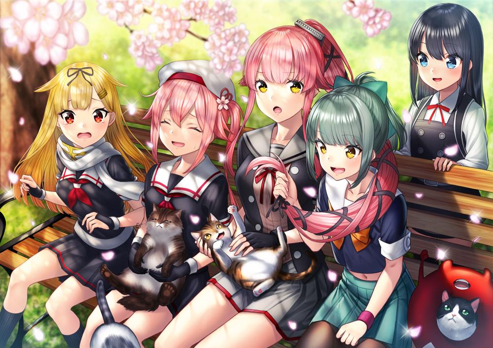 5girls :d :o animal animal_ears asashio_(kantai_collection) backpack bag bangs belt bench beret black_gloves black_hair black_legwear black_ribbon black_serafuku blonde_hair blue_eyes blush bow breasts buttons cat cat_ears cat_tail cherry_blossoms closed_eyes closed_mouth collarbone commentary_request day dress enemy_lifebuoy_(kantai_collection) eyebrows_visible_through_hair fingerless_gloves flower girl_sandwich gloves gradient_hair green_skirt grey_hair grey_sailor_collar grey_skirt hair_between_eyes hair_bow hair_flaps hair_flower hair_ornament hair_ribbon hairclip harusame_(kantai_collection) hat holding holding_animal holding_cat holding_hair kantai_collection kneehighs long_hair long_sleeves looking_at_another looking_at_viewer medium_hair midriff multicolored_hair multiple_girls multiple_others navel neck_ribbon neckerchief open_mouth outdoors petals pinafore_dress pink_hair pleated_skirt ponytail randoseru red_eyes red_neckwear red_ribbon remodel_(kantai_collection) ribbon sailor_collar sandwiched scarf school_uniform serafuku shirt short_hair short_sleeves side_ponytail sidelocks sitting skirt smile suspenders sweatdrop tail tearing_up thighs tree tree_branch unowen very_long_hair yellow_eyes yura_(kantai_collection) yuubari_(kantai_collection) yuudachi_(kantai_collection)