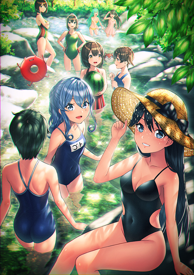 6+girls akagi_(kantai_collection) aqua_hair ass bikini black_hair black_swimsuit blue_eyes blue_hair blue_swimsuit blush bokukawauso breasts brown_eyes brown_hair chromatic_aberration competition_school_swimsuit competition_swimsuit covered_navel dress_swimsuit enemy_lifebuoy_(kantai_collection) food fruit gotland_(kantai_collection) green_hair hair_between_eyes hair_bun hair_ornament hair_ribbon hat hat_ribbon houshou_(kantai_collection) hyuuga_(kantai_collection) ise_(kantai_collection) kaga_(kantai_collection) kantai_collection kumano_(kantai_collection) large_breasts long_hair looking_at_viewer medium_breasts mogami_(kantai_collection) mole mole_under_eye multiple_girls one-piece_swimsuit open_mouth ponytail ribbon river school_swimsuit short_hair side_ponytail sitting small_breasts smile stone straight_hair straw_hat suzuya_(kantai_collection) swimsuit unowen watermelon yellow_bikini