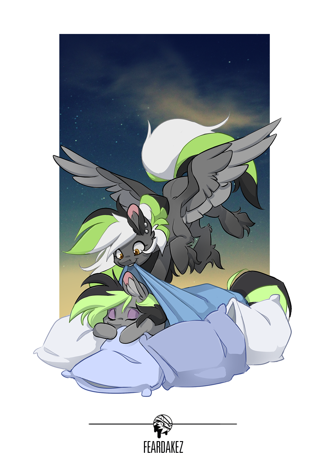 2020 ambiguous_gender bedding blanket duo elli_(livinthelife0friley) equid equine eyes_closed feardakez feathered_wings feathers flying fur green_eyes grey_body grey_fur hasbro hi_res horse mammal my_little_pony pegasus pillow pony semi-anthro sleeping smile star wings