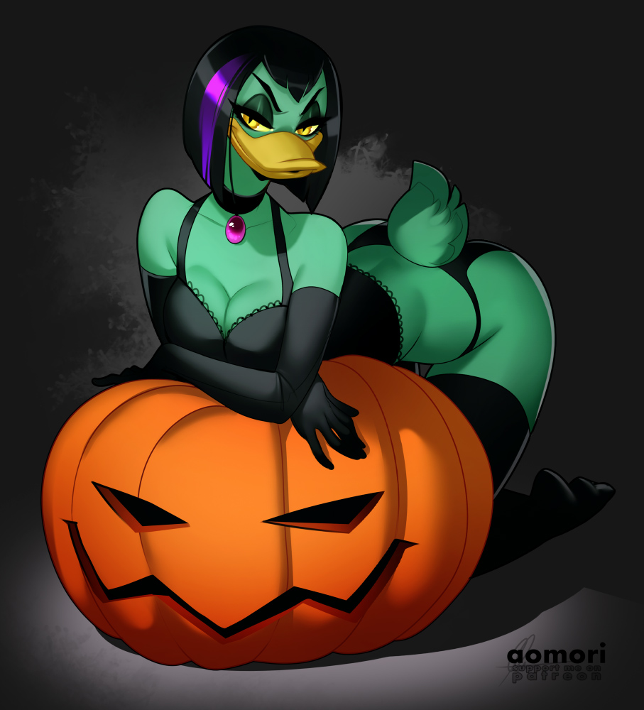 2020 5_fingers anatid anseriform anthro aomori armwear avian bird bra breasts choker cleavage clothed clothing digital_media_(artwork) disney duck ducktales ducktales_(2017) elbow_gloves eyebrows eyelashes female fingers food fruit gloves hair handwear jack-o'-lantern jewelry legwear lingerie looking_at_viewer magica_de_spell necklace non-mammal_breasts plant pumpkin short_hair solo stockings underwear yellow_eyes