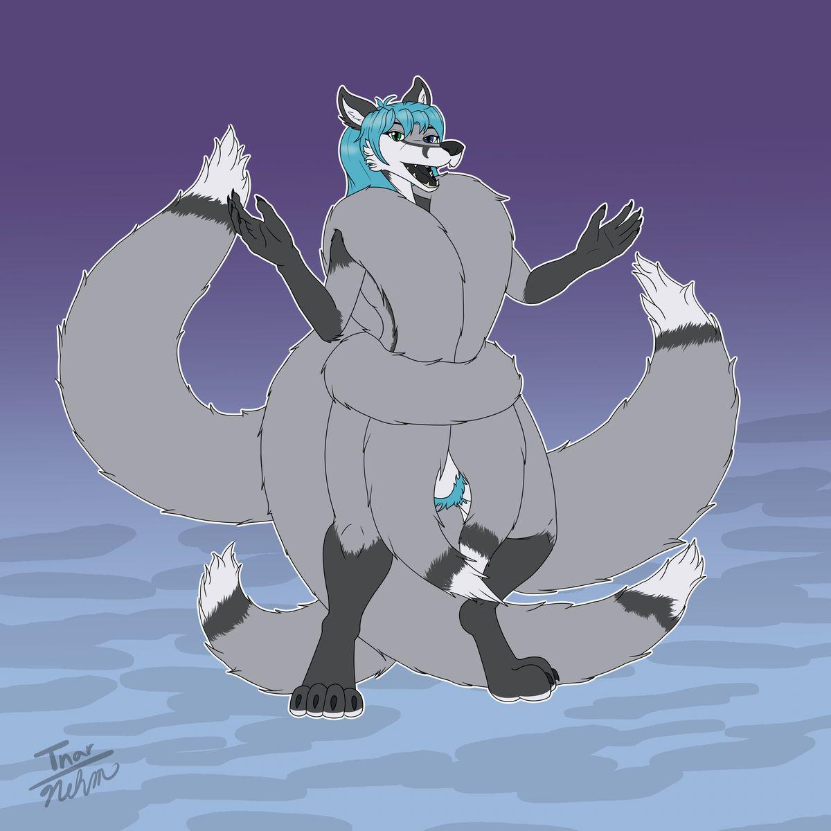 1:1 aleu_moonshadow ambiguous_gender anthro balls blue_hair canid canine digitigrade fox fur genitals grey_body grey_fur hair hi_res mammal multitail nikorokumitsero pubes solo tnargraef