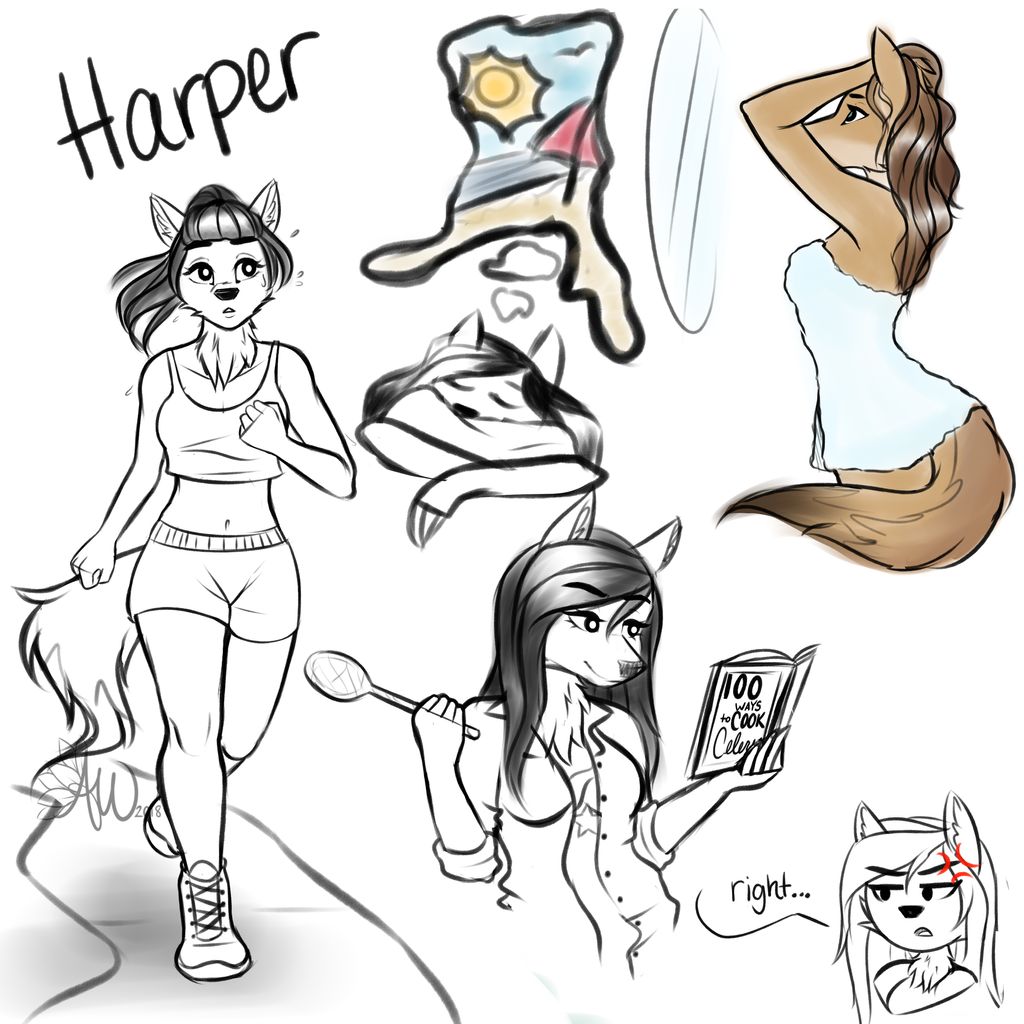 1:1 anthro beach black_and_white bottomwear brown_body brown_fur brown_hair canid canine canis clothing cooking coyote dream exercise fairdahlia female fluffy fluffy_tail fur hair harper_(fairdahlia) jogging mammal midriff monochrome navel neck_tuft outside ponytail seaside shirt shorts sketch sleeping solo tank_top topwear towel tuft wet_hair