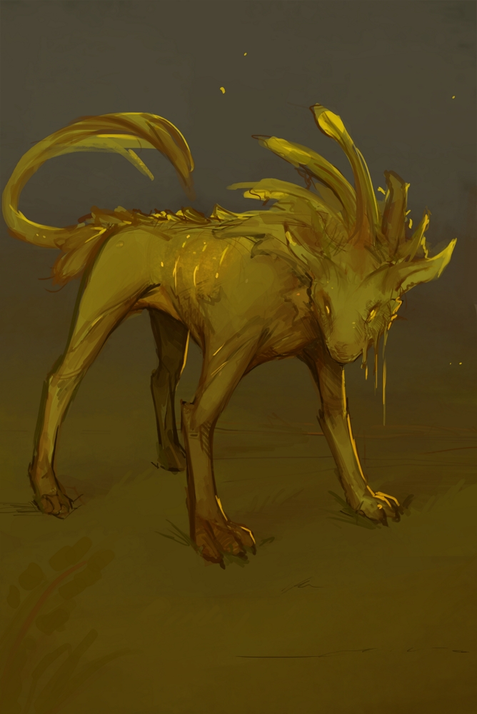 ambiguous_gender canid feral glowing grass green_body mammal paws portals_of_phereon quadruped solo syvaron wounded yellow_eyes