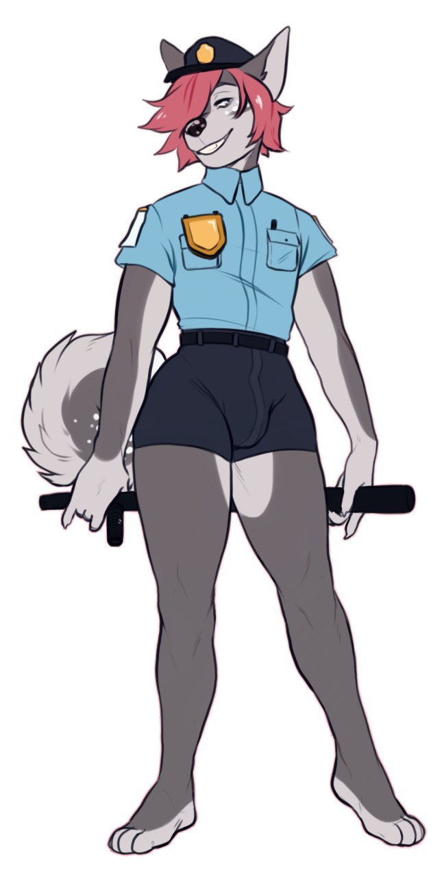 anthro badge bulge canid canine canis clothing domestic_dog dress_up fur grin hair hi_res husky kyrosh male mammal nightstick nordic_sled_dog pen police_hat police_uniform red_hair silus_(character) smile solo spitz spots spotted_body spotted_fur spotted_nose uniform