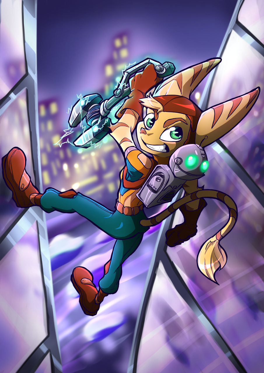 anthro blonde_hair brown_body brown_fur brown_nose city clank_(ratchet_&amp;_clank) clothing duo fur glowing glowing_eyes green_eyes hair hi_res holding_object holding_weapon jumping lombax long_tail male mammal markings ratchet ratchet_and_clank smile sony_corporation sony_interactive_entertainment taydrawrs video_games weapon yellow_body yellow_fur