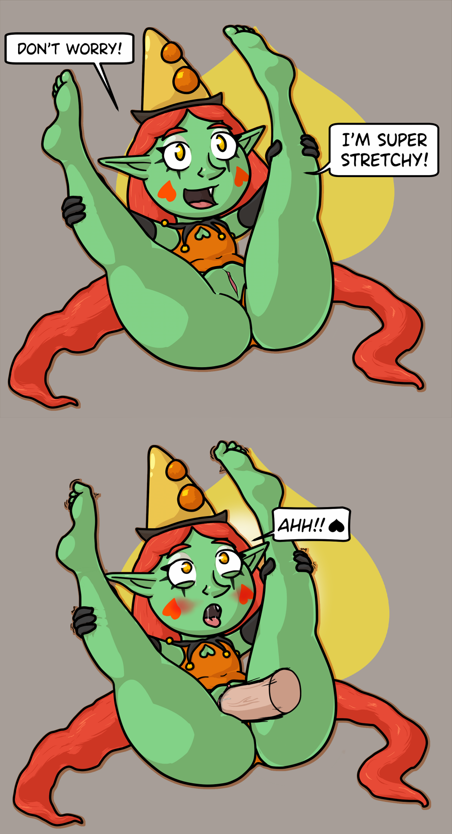 &lt;3 &lt;3_eyes 2020 4_toes ahegao bell blush breasts cleavage_cutout clothing clown comic cute_fangs disembodied_penis duo english_text feet female flexible genitals goblin green_body green_skin hair hat headgear headwear hi_res human human_on_humanoid humanoid humanoid_feet interspecies large_penetration larger_male legs_behind_head legs_up long_hair looking_pleasured makeup male male/female mammal naughtysableye not_furry penetration penis presenting presenting_pussy pussy red_hair sequence simple_background size_difference small_breasts smaller_female smaller_penetrated solo_focus speech_bubble spread_legs spreading text toe_curl toes tongue tongue_out vaginal vaginal_penetration wide_hips yellow_eyes