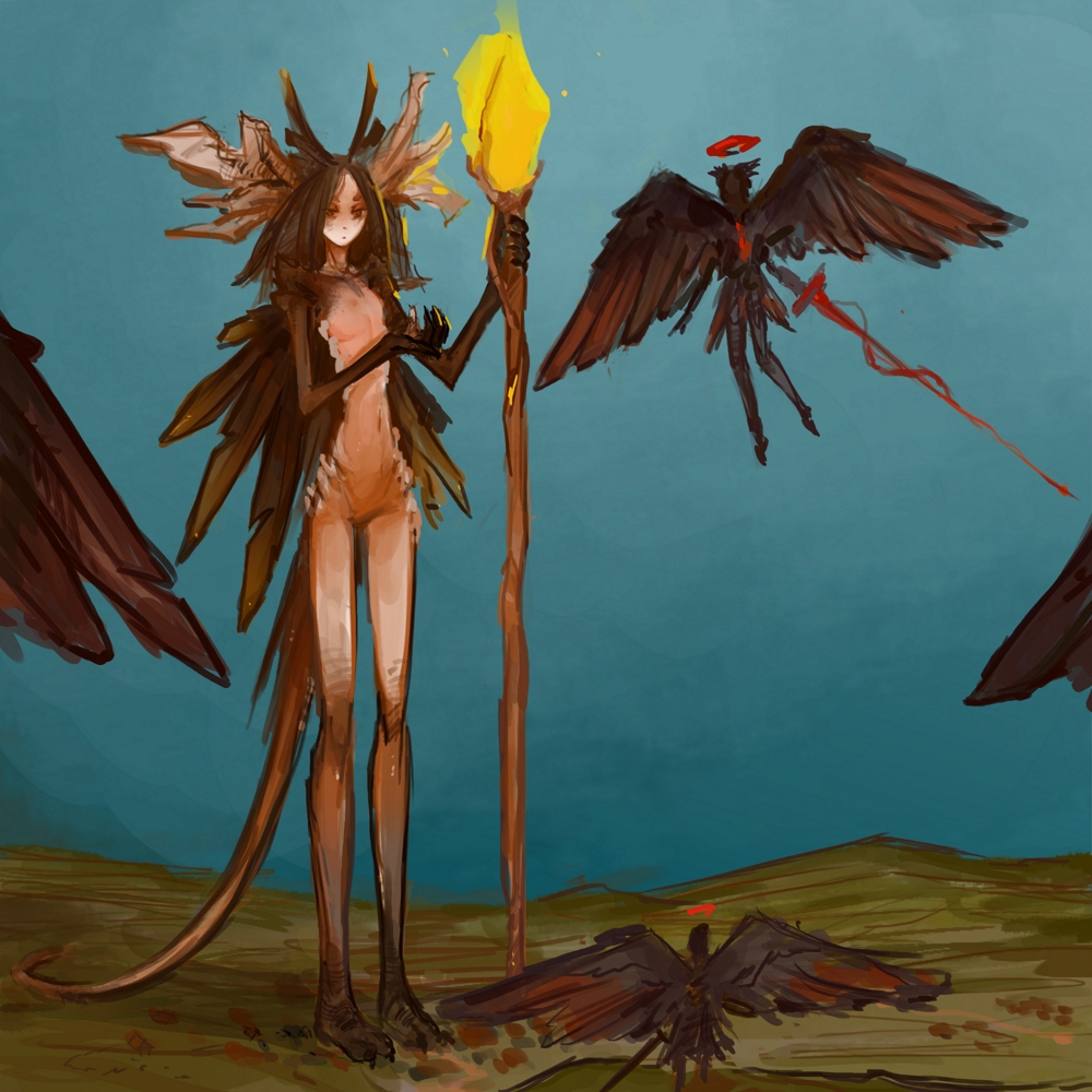 1:1 ambiguous_gender angel battle breasts brown_eyes carrying feathered_wings feathers featureless_crotch female female_focus flying glowing group halo holding_character humanoid long_legs macro magic_user melee_weapon micro navel nipples not_furry nude portals_of_phereon small_breasts staff standing sword syvaron weapon wings