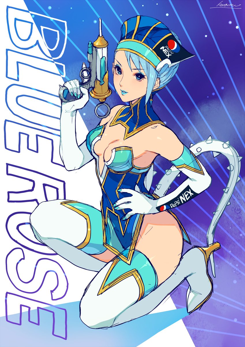blue_eyes blue_hair blue_legwear blue_lips blue_lipstick blue_nails blue_rose_(tiger_&amp;_bunny) boots breasts bright_pupils cleavage copyright_name detached_collar dress earrings elbow_gloves from_side gloves gun hand_on_hip hat high_heel_boots high_heels highres holding holding_gun holding_weapon jewelry karina_lyle kotatsu_(g-rough) lipstick looking_at_viewer makeup medium_breasts nails_visible_through_gloves one_knee parted_lips pepsi short_dress short_hair signature smile strapless strapless_dress syringe syringe_gun thigh_boots thighhighs tiger_&amp;_bunny trigger_discipline weapon white_gloves white_legwear white_pupils