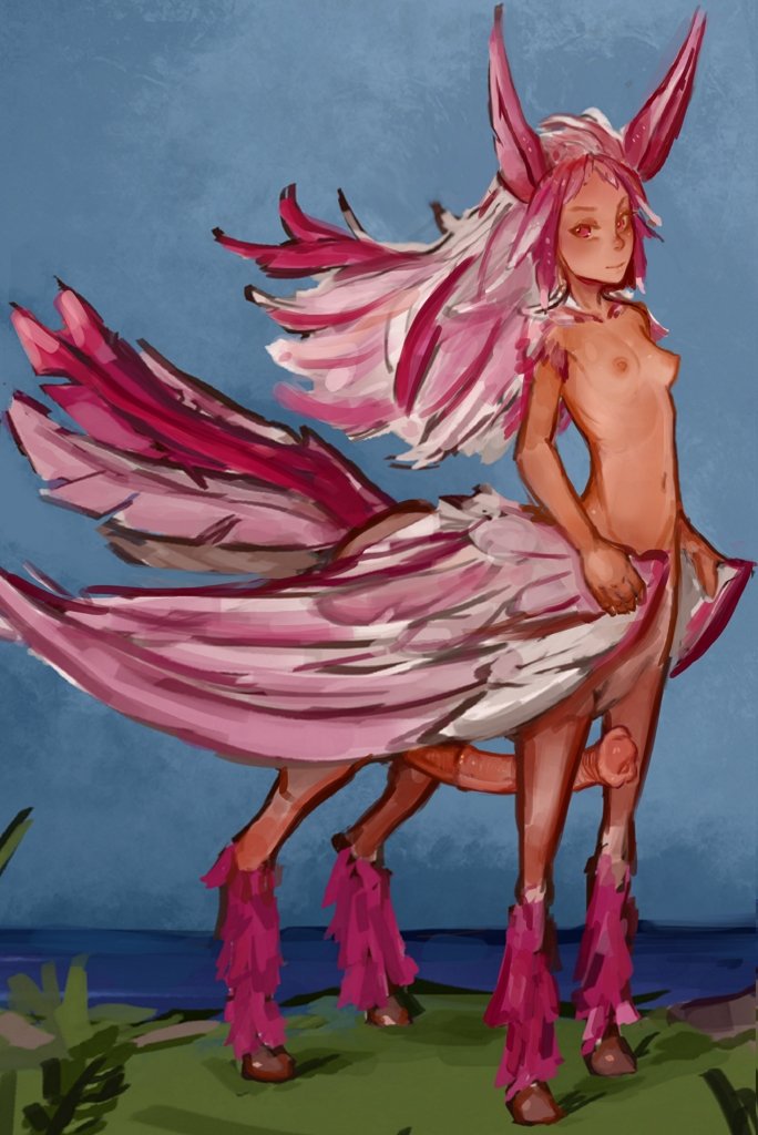 animal_genitalia animal_penis breasts equid equine equine_penis feather_hair feathered_wings feathers genitals grass gynomorph intersex looking_at_viewer mammal navel nipples nude pegasus penis pink_body pink_eyes portals_of_phereon pseudo_hair quadruped shoreline small_breasts smile solo syvaron tail_feathers taur wings