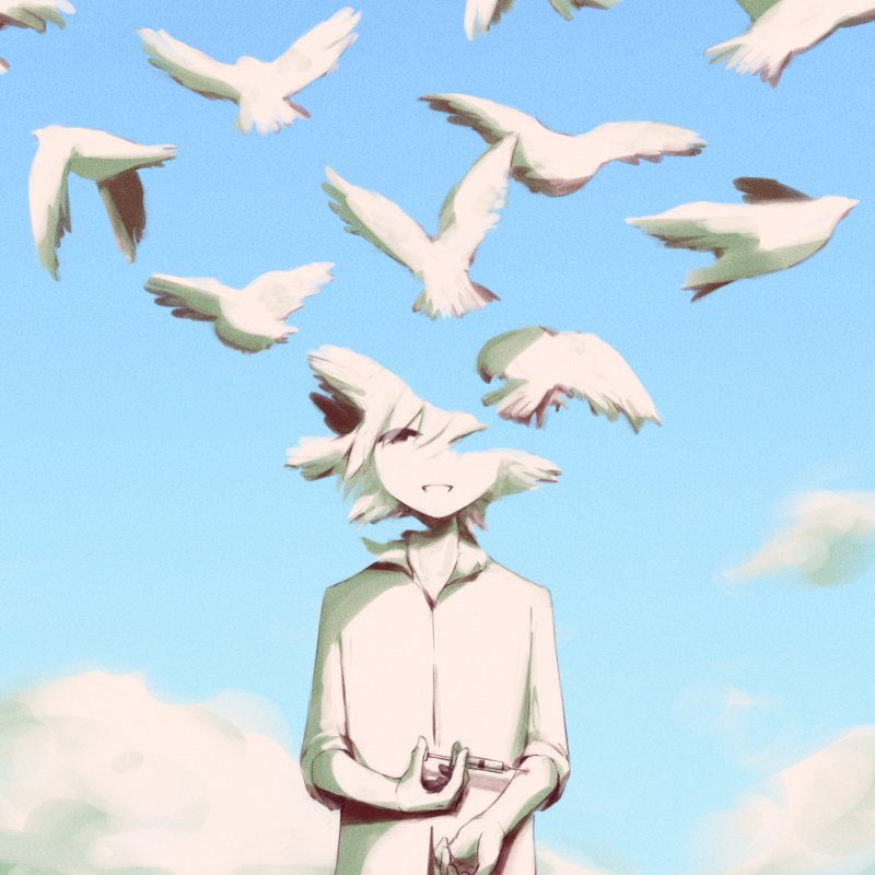 avogado6 bird blue_sky cloud collared_shirt day drugs holding holding_syringe injection long_sleeves looking_at_viewer original shirt sky smile symbolism syringe wing_collar