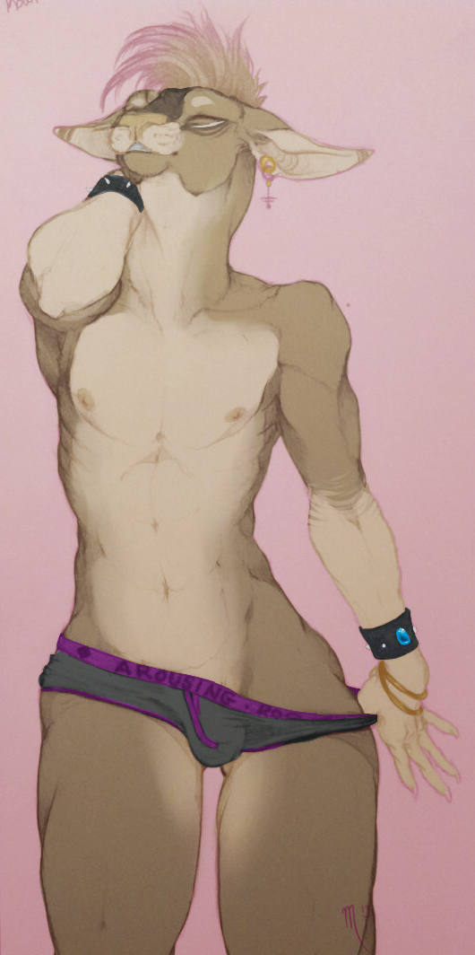 anthro armor athletic athletic_anthro athletic_male bracelet bracers brown_body brown_fur bulge clothing ear_piercing eyes_closed fur grey_clothing grey_underwear hair hand_behind_head highlights_(coloring) jewelry kangaroo koan_(morenor) macropod male mammal marsupial morenor orange.slice piercing pink_hair pose pulling_underwear pulling_underwear_down slim small_waist smile smiling_at_viewer solo tan_body tan_fur thick_thighs underwear wide_hips