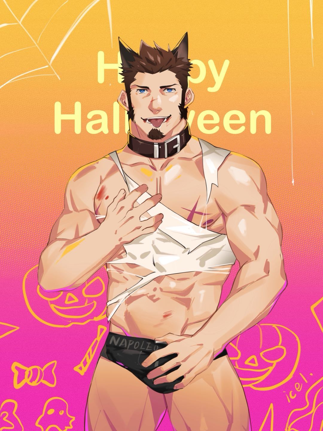 1boy abs animal_costume animal_ears bara bare_chest belt_collar blood blue_eyes briefs brown_hair bulge chest chest_scar collar cowboy_shot facial_hair fate/grand_order fate_(series) goatee halloween halloween_costume happy_halloween highres icelernd looking_at_viewer male_focus muscle napoleon_bonaparte_(fate/grand_order) navel nipples scar shirt short_hair sideburns solo stubble tank_top thick_thighs thighs tongue tongue_out torn_clothes torn_shirt underwear white_tank_top wolf_costume wolf_ears