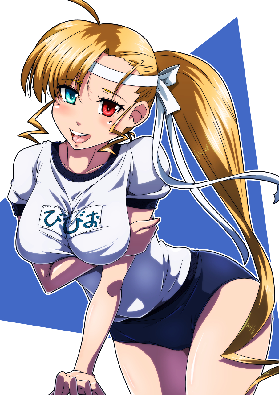 1girl blonde_hair blue_buruma blush breasts buruma cameltoe collarbone green_eyes gym_uniform headband heterochromia highres large_breasts long_hair looking_at_viewer lyrical_nanoha mahou_shoujo_lyrical_nanoha_strikers mahou_shoujo_lyrical_nanoha_vivid open_mouth ponytail red_eyes shiny shiny_hair shiny_skin simple_background smile solo tappa_(esperanza) teeth tongue upper_teeth vivio