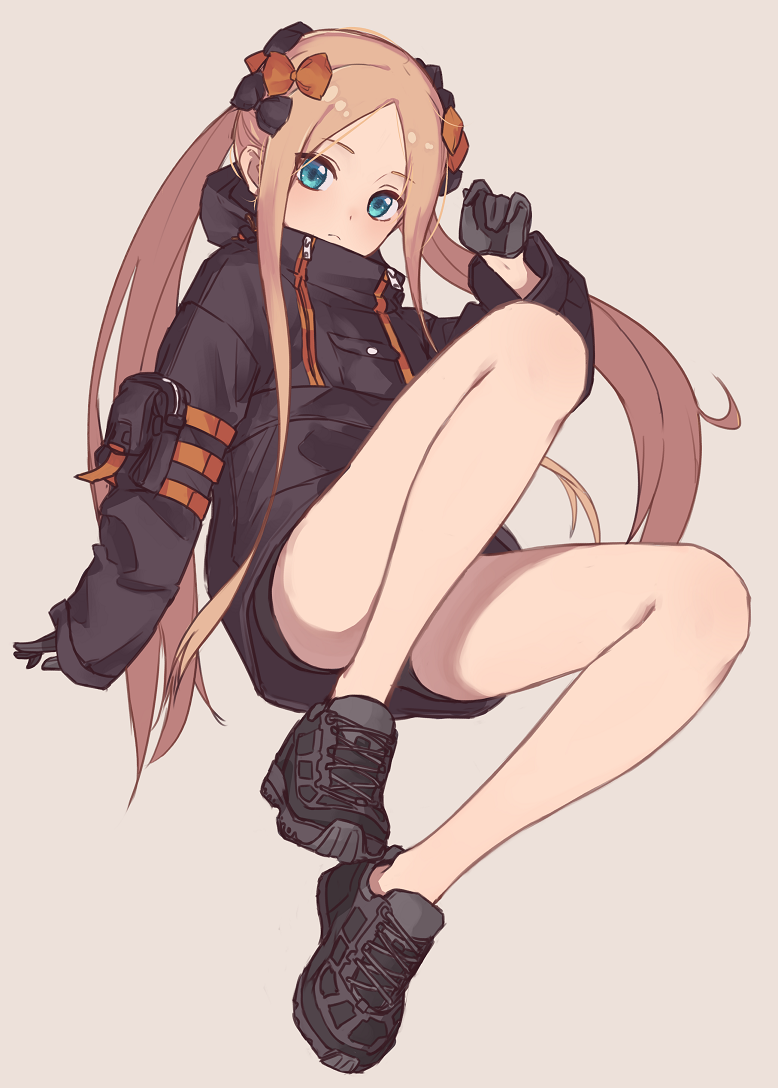 1girl abigail_williams_(fate/grand_order) alternate_hairstyle bangs black_bow black_footwear black_gloves black_jacket black_panties blonde_hair blue_eyes bow brown_background closed_mouth commentary_request fate/grand_order fate_(series) forehead full_body gloves hair_bow hand_up hood hood_down hooded_jacket jacket kopaka_(karda_nui) long_hair long_sleeves looking_at_viewer no_socks orange_bow panties parted_bangs shoes simple_background sleeves_past_wrists solo twintails underwear very_long_hair