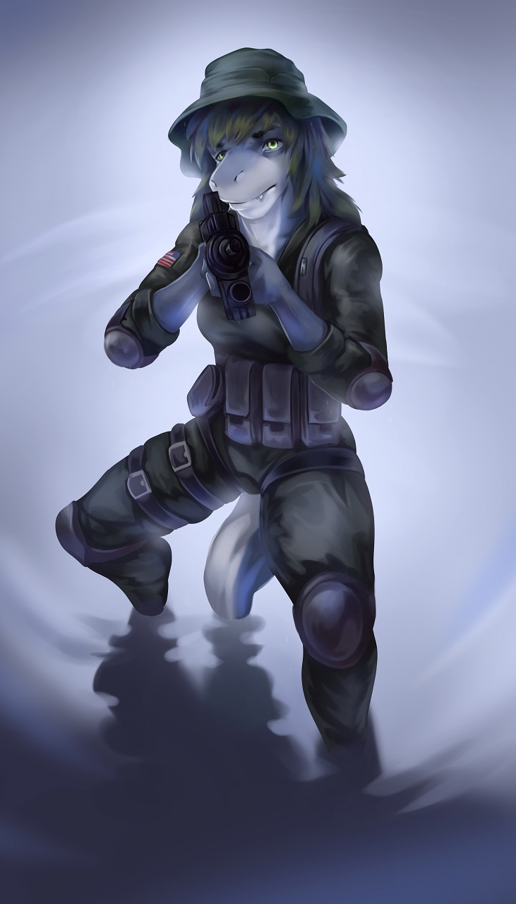 2018 aiming aiming_at_viewer aiming_weapon anthro belt_pouch breasts clothed clothing female fish fully_clothed gun hair hat headgear headwear hi_res long_hair marine military military_cap military_clothing military_uniform navy_seal non-mammal_breasts pimpartist ranged_weapon shark solo stars_and_stripes traditional_media_(artwork) u.s._navy uniform united_states_of_america water weapon yellow_eyes