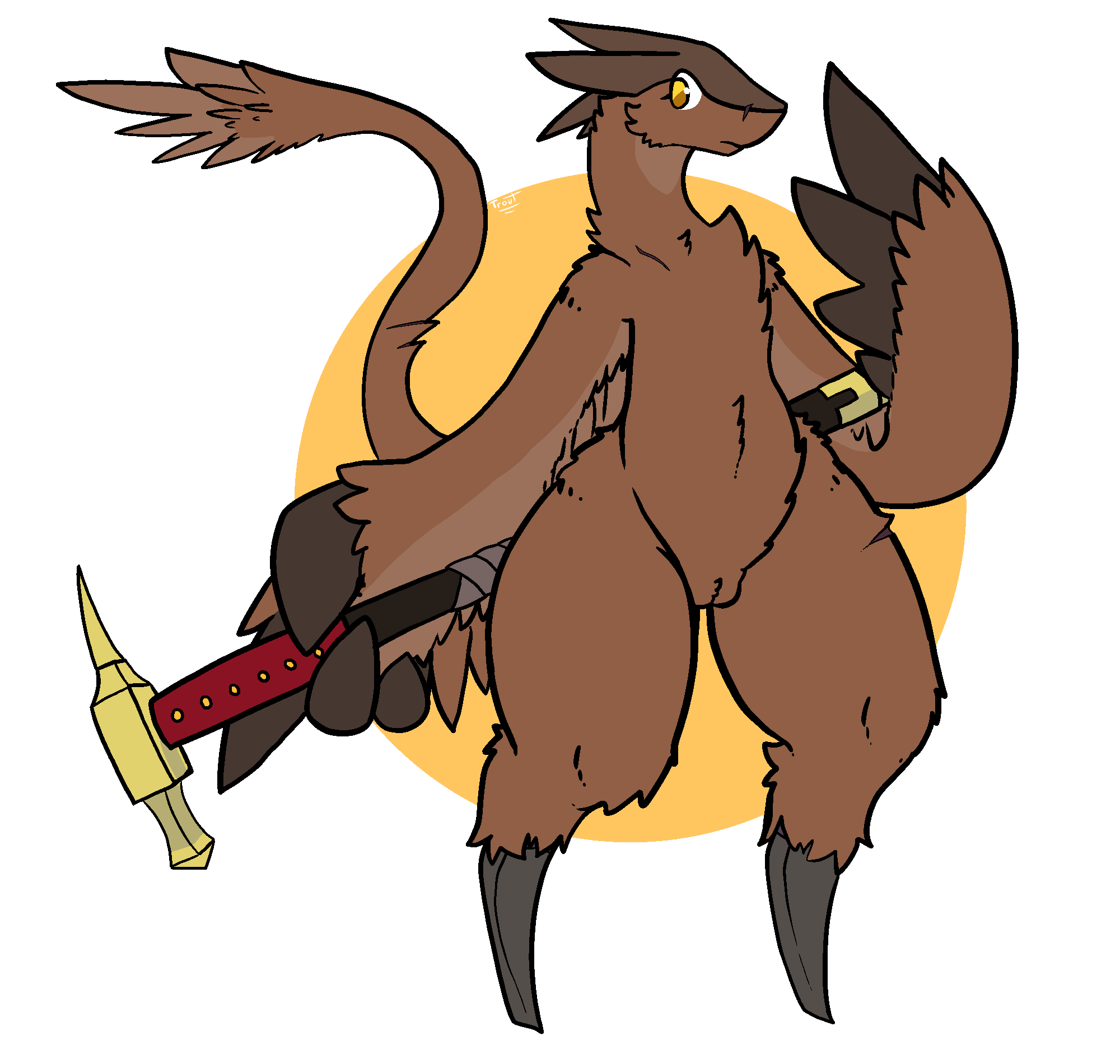 alpha_channel anthro avian female flat_chested genitals hi_res holding_object holding_weapon hybrid mammal melee_weapon nedynvor nude polearm polehammer pussy solo standing trout_(artist) weapon winged_arms wings