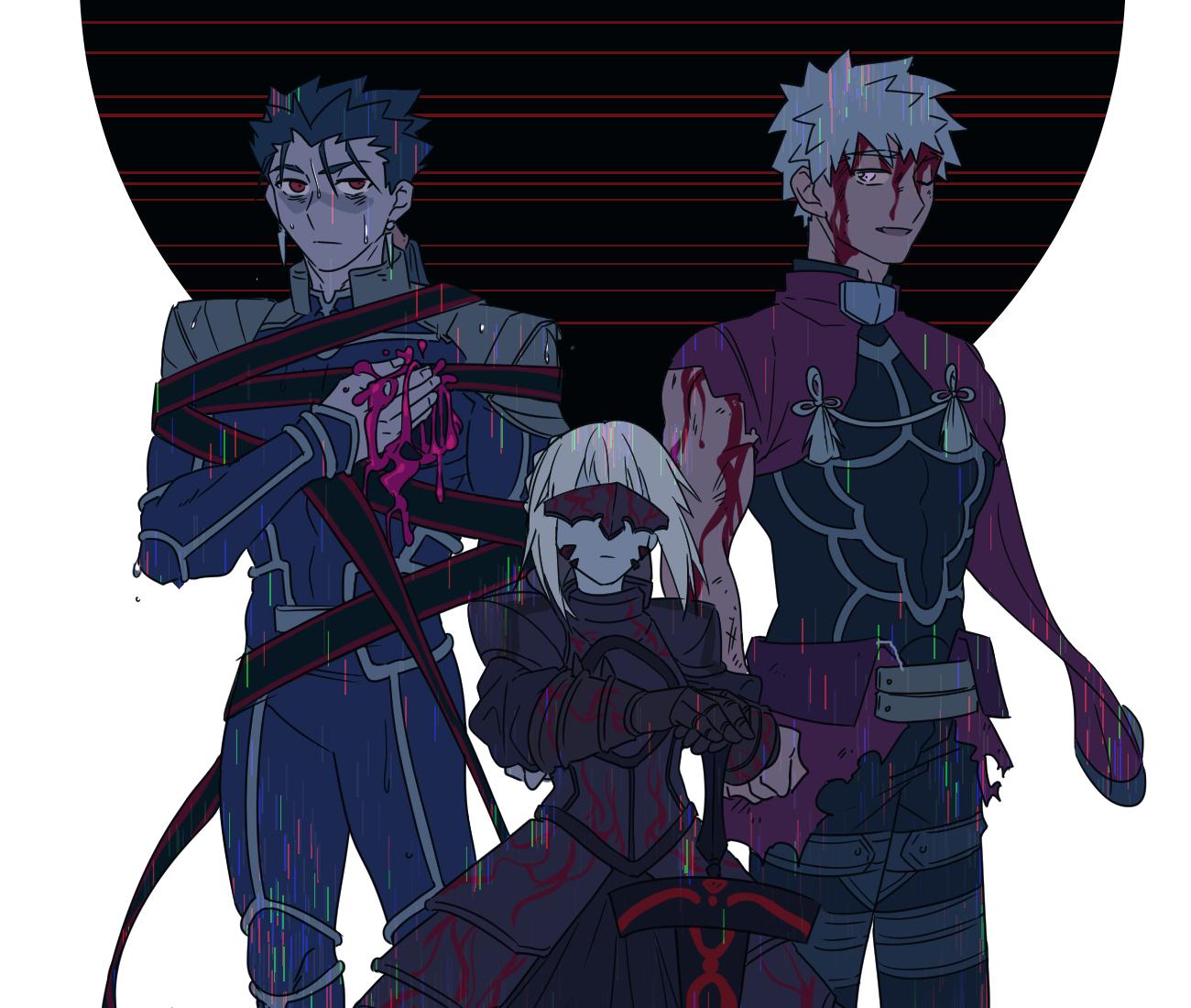 1girl 2boys archer armor artoria_pendragon_(all) blood blood_on_face blue_hair cu_chulainn_(fate)_(all) fate/stay_night fate_(series) heaven's_feel injury looking_at_viewer missing_limb multiple_boys one_eye_closed red_eyes redmin_0415 saber saber_alter shoulder_armor spoilers torn_clothes white_hair