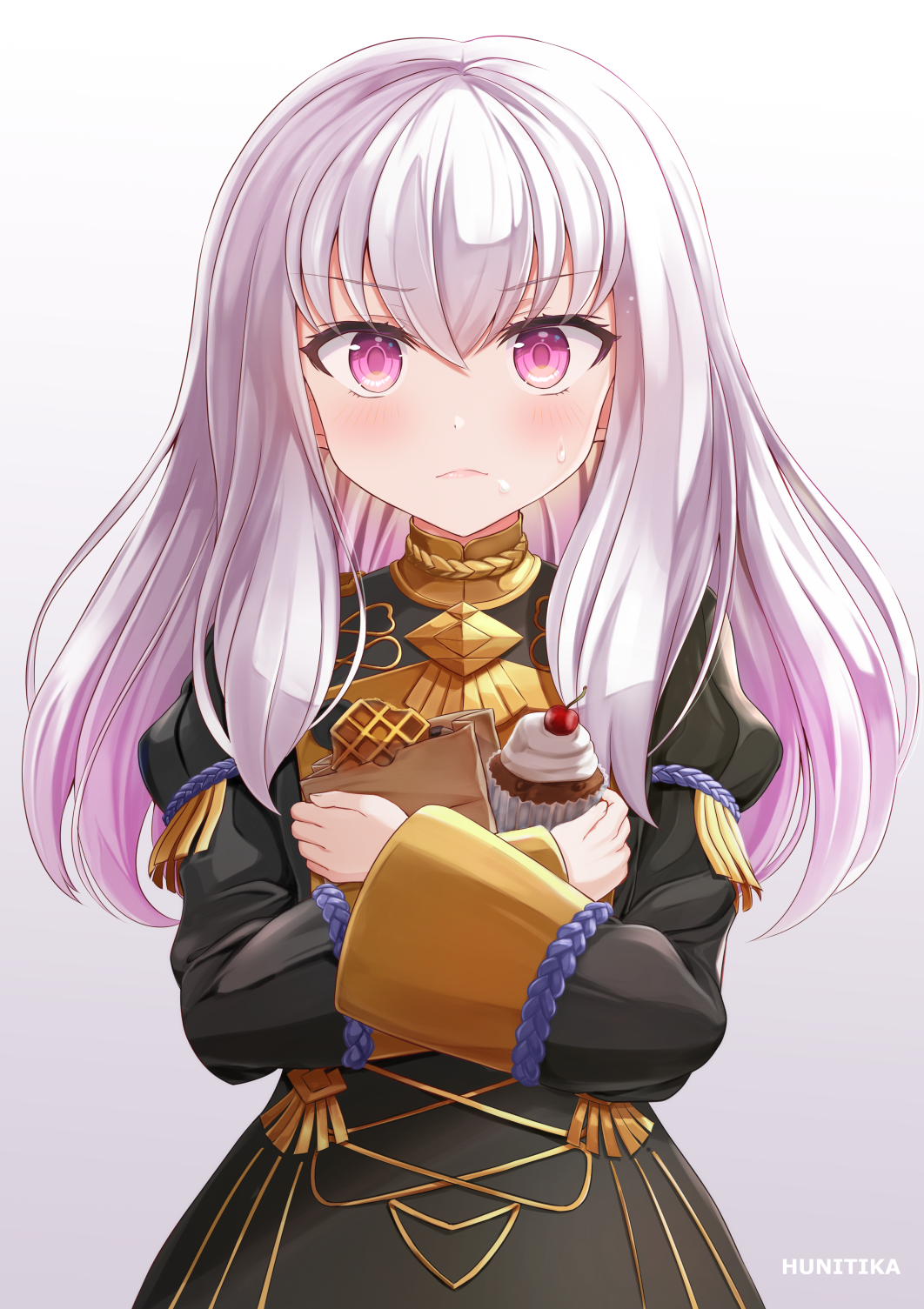 &gt;:( 1girl black_dress blush candy closed_mouth commentary_request cupcake dress fire_emblem fire_emblem:_three_houses food food_on_face gradient gradient_background gradient_hair grey_background highres juliet_sleeves long_sleeves looking_at_viewer lysithea_von_ordelia multicolored_hair nichika_(nitikapo) object_hug pink_eyes pink_hair puffy_sleeves sleeves_past_wrists solo sweat sweets v-shaped_eyebrows white_background white_hair wide_sleeves