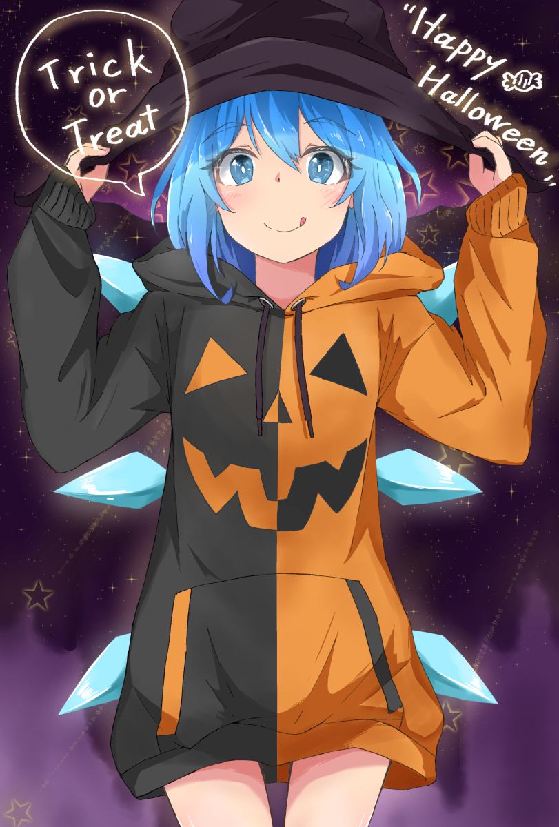 1girl :q alternate_costume arms_up blue_eyes blue_hair bright_pupils cirno commentary_request cowboy_shot drawstring eyebrows_visible_through_hair gradient gradient_background hair_between_eyes halloween hands_on_headwear happy_halloween hat highres hood hood_down hoodie jack-o'-lantern_print looking_at_viewer mizune_(winter) no_pants purple_background short_hair sleeves_past_wrists solo sparkle speech_bubble standing star_(symbol) tongue tongue_out touhou trick_or_treat two-tone_hoodie white_pupils wings witch_hat