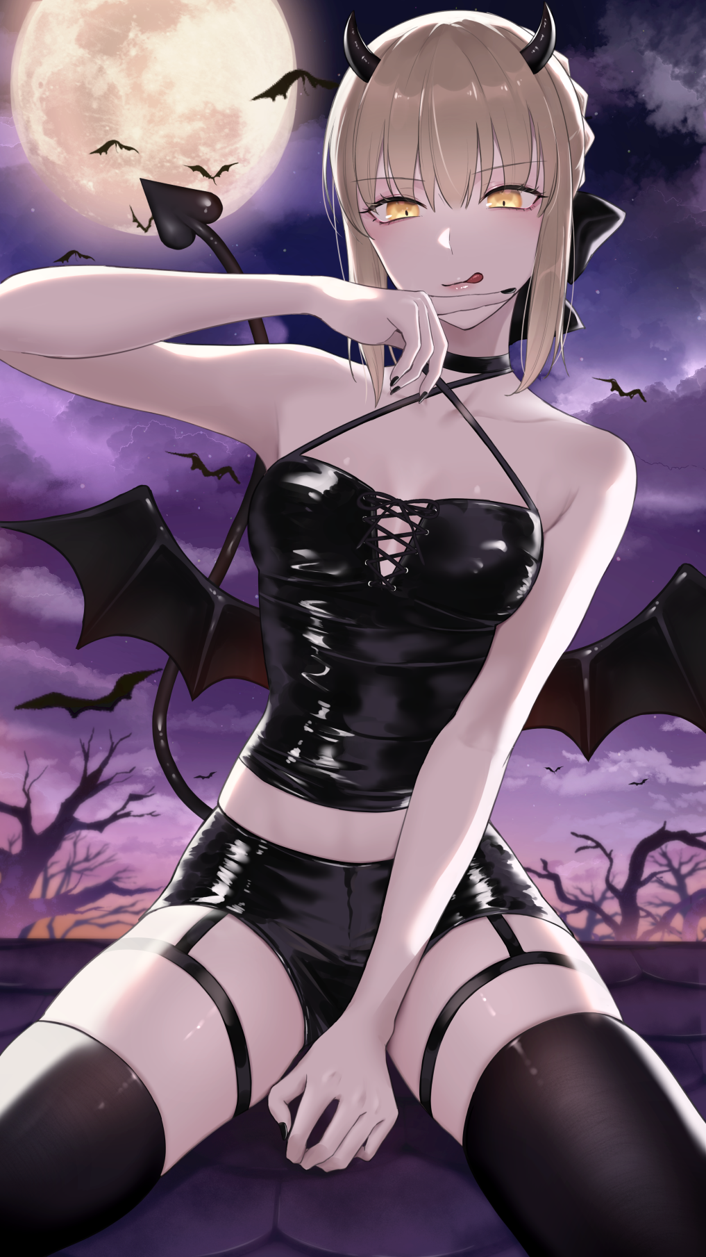 1girl :q alternate_costume artoria_pendragon_(all) bare_shoulders bat between_legs black_bow black_legwear black_nails blonde_hair bow breasts cleavage criss-cross_halter crop_top demon_girl demon_horns demon_tail demon_wings fate_(series) finger_to_mouth full_moon hair_bow halloween halterneck hand_between_legs hand_up highres horns leather looking_at_viewer medium_breasts meltymaple midriff moon nail_polish night night_sky outdoors platinum_blonde_hair saber_alter short_shorts shorts sitting_on_ground skindentation sky sleeveless slit_pupils smile solo spread_legs star_(sky) starry_sky tail thighhighs thighs tongue tongue_out wings yellow_eyes