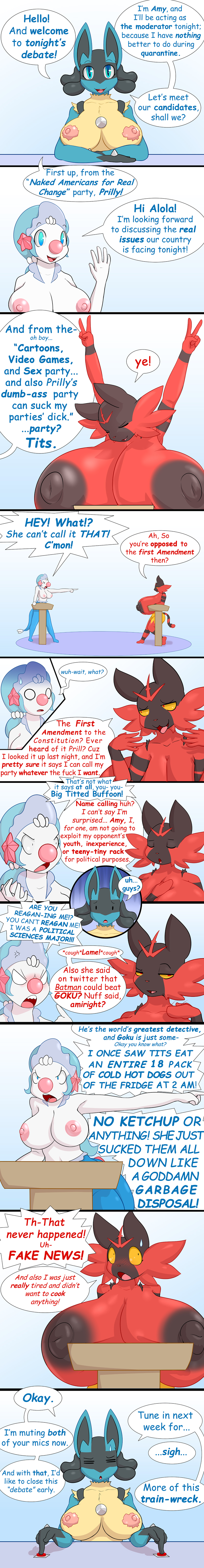 absurd_res angry anthro areola arguing big_breasts breasts button_(disambiguation) comic debates embarrassed english_text eyes_closed female fight gesture greeting group hi_res huge_breasts hyper hyper_breasts incineroar long_image lysergide male male/female nintendo nipples peace_sign_(disambiguation) podium pointing pok&eacute;mon pok&eacute;mon_(species) politics prilly_(lysergide) primarina smile speech_bubble tall_image text tits_(lysergide) video_games