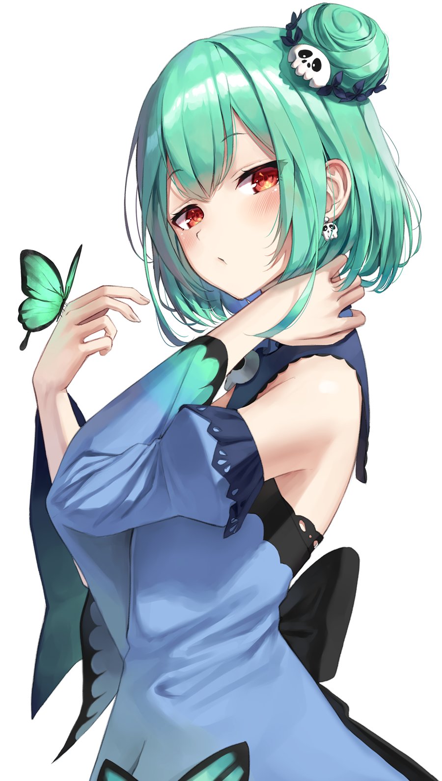 1girl bug butterfly closed_mouth detached_sleeves earrings eyebrows_visible_through_hair green_hair hair_bun hair_ornament highres hololive insect jewelry looking_at_viewer red_eyes short_hair simple_background skull_collar skull_earrings skull_hair_ornament solo superpig uruha_rushia virtual_youtuber white_background