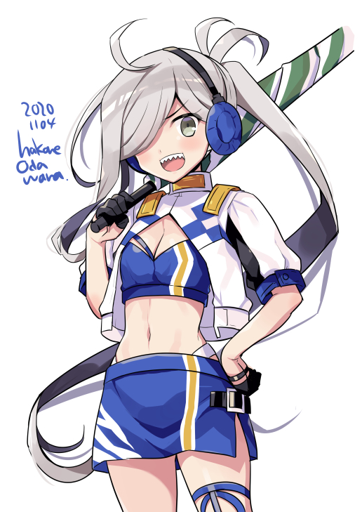 1girl ahoge asashimo_(kantai_collection) cosplay cowboy_shot dated gotland_(kantai_collection) gotland_(kantai_collection)_(cosplay) grey_eyes hair_over_one_eye kantai_collection long_hair navel odawara_hakone open_mouth ponytail sharp_teeth short_sleeves silver_hair simple_background solo teeth twitter_username white_background