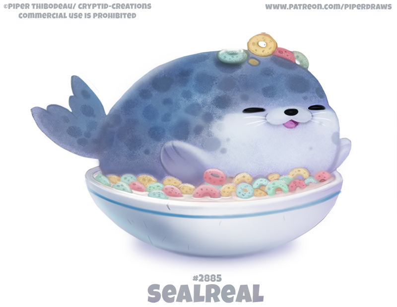 ambiguous_gender bowl cereal cryptid-creations english_text eyes_closed feral food froot_loops fur grey_body grey_fur humor kellogg's mammal marine milk open_mouth pinniped pun seal simple_background solo text url visual_pun whiskers white_background