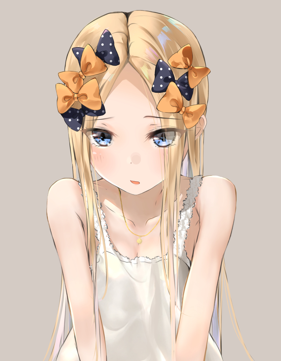 1girl abigail_williams_(fate/grand_order) bangs bare_shoulders black_bow blonde_hair blue_eyes blush bow breasts camisole collarbone fate/grand_order fate_(series) forehead hair_bow highres jewelry long_hair looking_at_viewer multiple_bows necklace open_mouth orange_bow parted_bangs sakazakinchan sidelocks small_breasts white_camisole