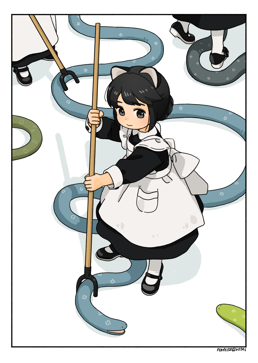 3girls akai_sashimi animal animal_ears apron black_eyes black_hair commentary highres holding maid maid_apron multiple_girls original sasumata signature snake