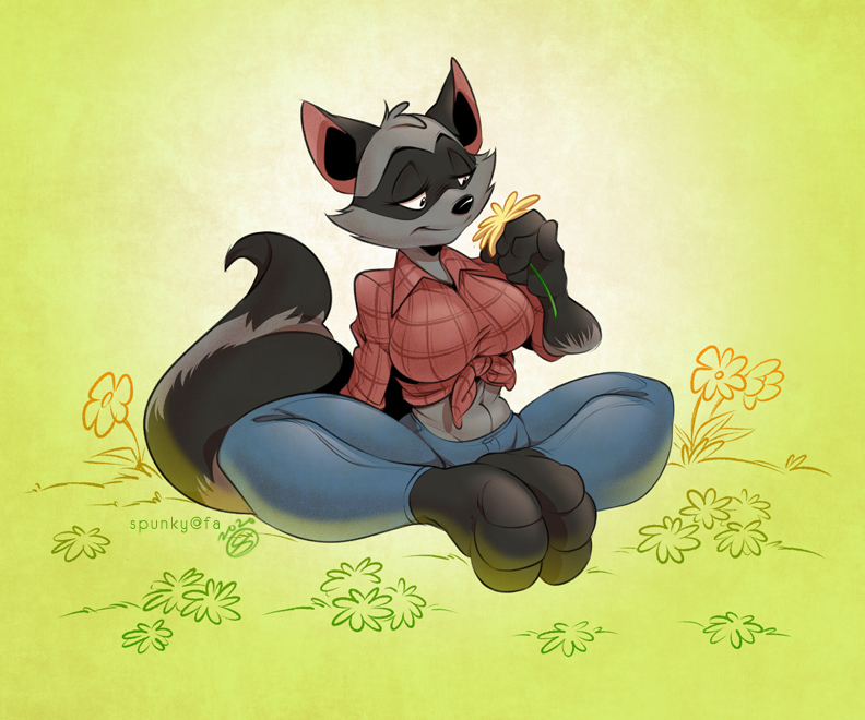 anthro clothing female flower mammal plant procyonid raccoon solo spunky_(artist)