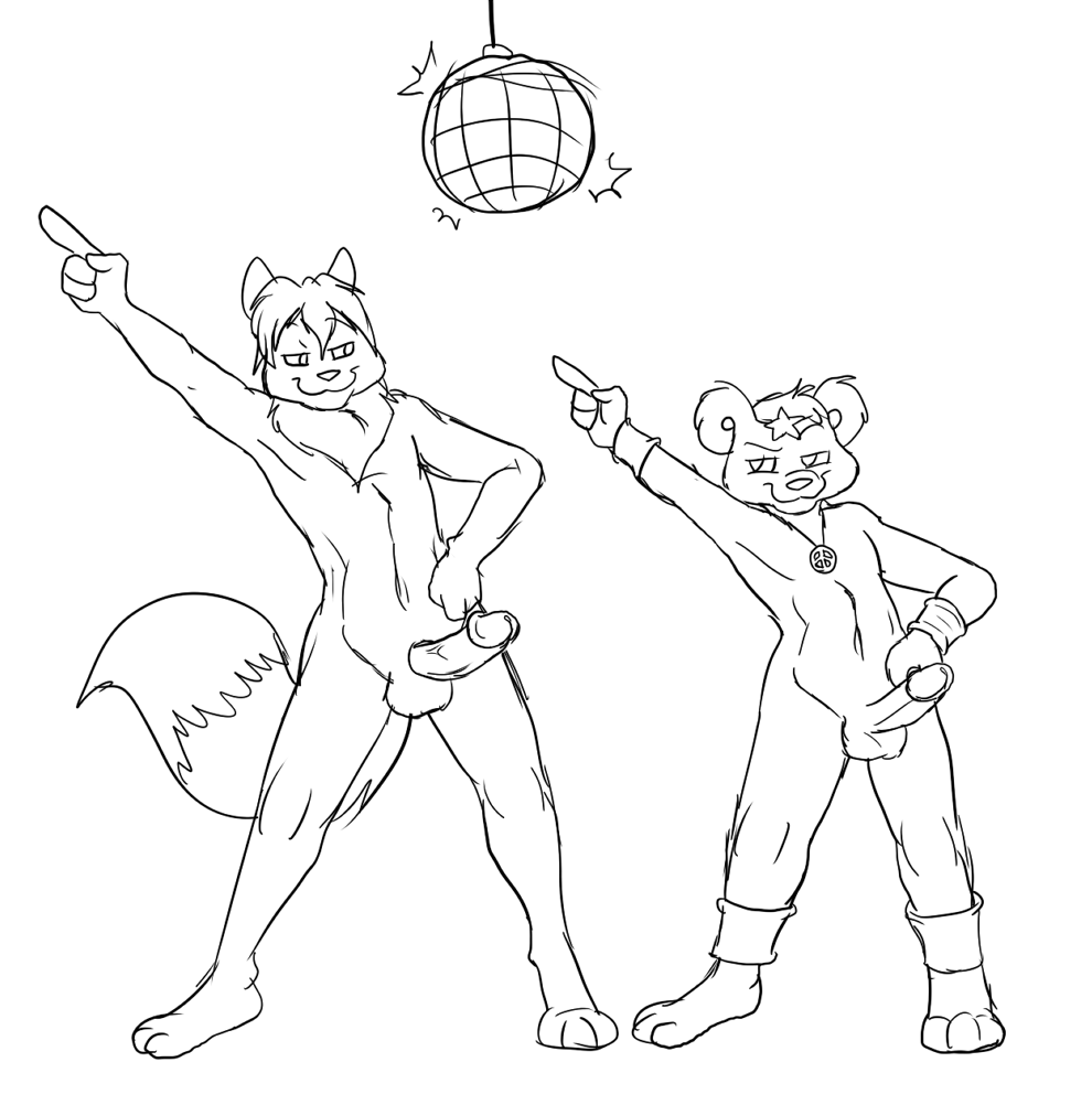 anthro arcticsnow1 cobalt_(chris_sutor) dancing disco_ball duo humanoid_genitalia hybrid male male/male mammal metal_(artist) monochrome nude sketch ursid