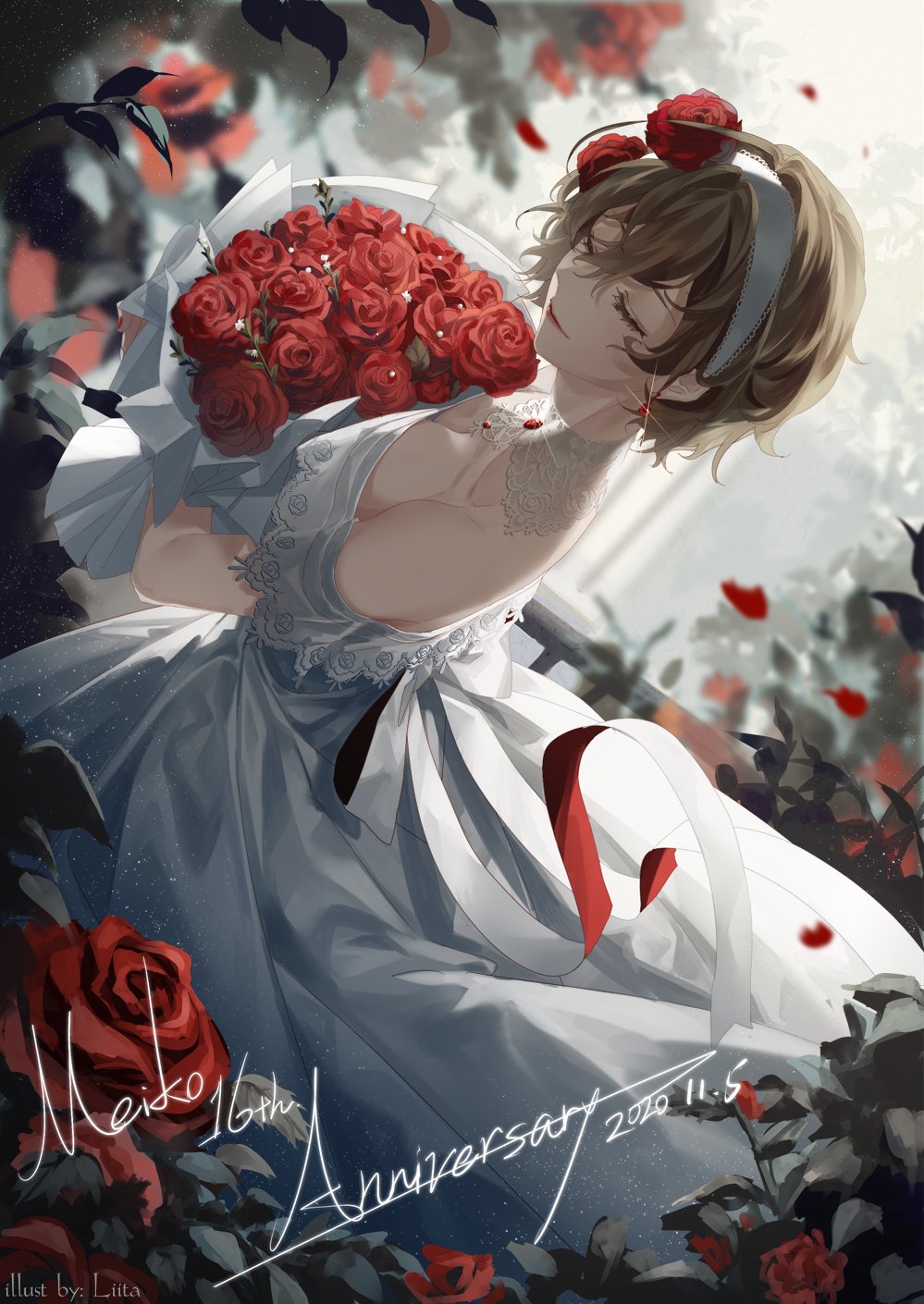 1girl anniversary bare_shoulders blurry blurry_background bouquet breasts brown_hair character_name cleavage closed_eyes commentary dress dutch_angle falling_petals flower from_above from_behind hairband highres holding holding_bouquet lace-trimmed_dress lace_collar lace_trim lips medium_breasts meiko petals red_flower red_rose rose short_hair smile solo upper_body vocaloid white_dress yamiluna39