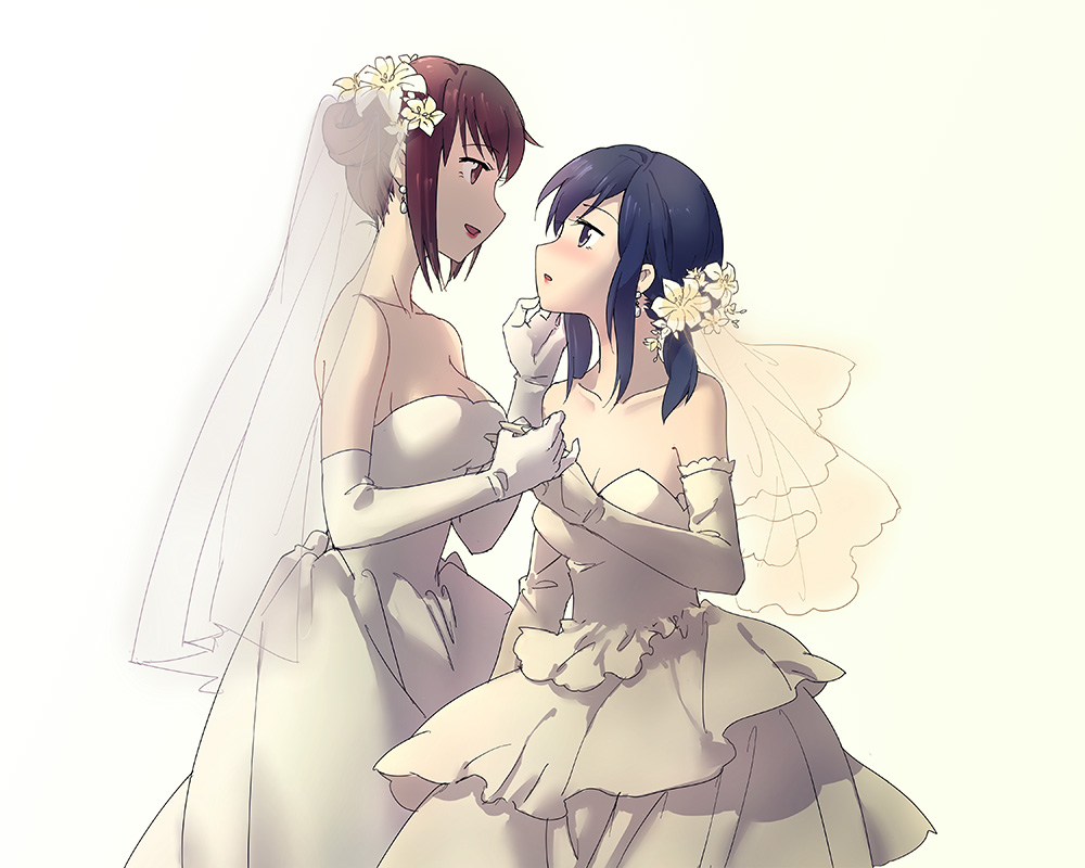 2girls bare_shoulders black_hair blush breasts bridal_veil brown_hair cleavage commentary_request domonekoteki dress elbow_gloves face-to-face flower gloves hair_flower hair_ornament holding_hands lily_(flower) looking_at_another multiple_girls original strapless strapless_dress veil wedding_dress white_dress white_gloves wife_and_wife yuri