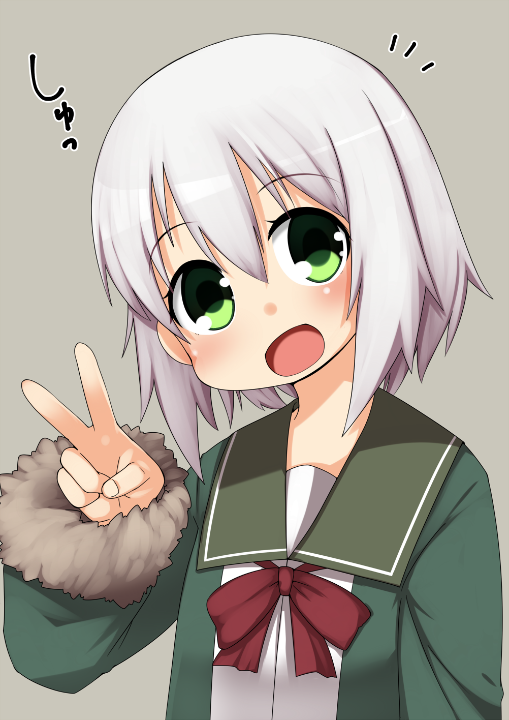 1girl bangs commentary_request fur-trimmed_sleeves fur_trim green_eyes green_jacket green_sailor_collar grey_background highres jacket kantai_collection long_sleeves looking_at_viewer nassukun neck_ribbon red_ribbon ribbon sailor_collar school_uniform serafuku shimushu_(kantai_collection) short_hair silver_hair simple_background smile solo tareme upper_body