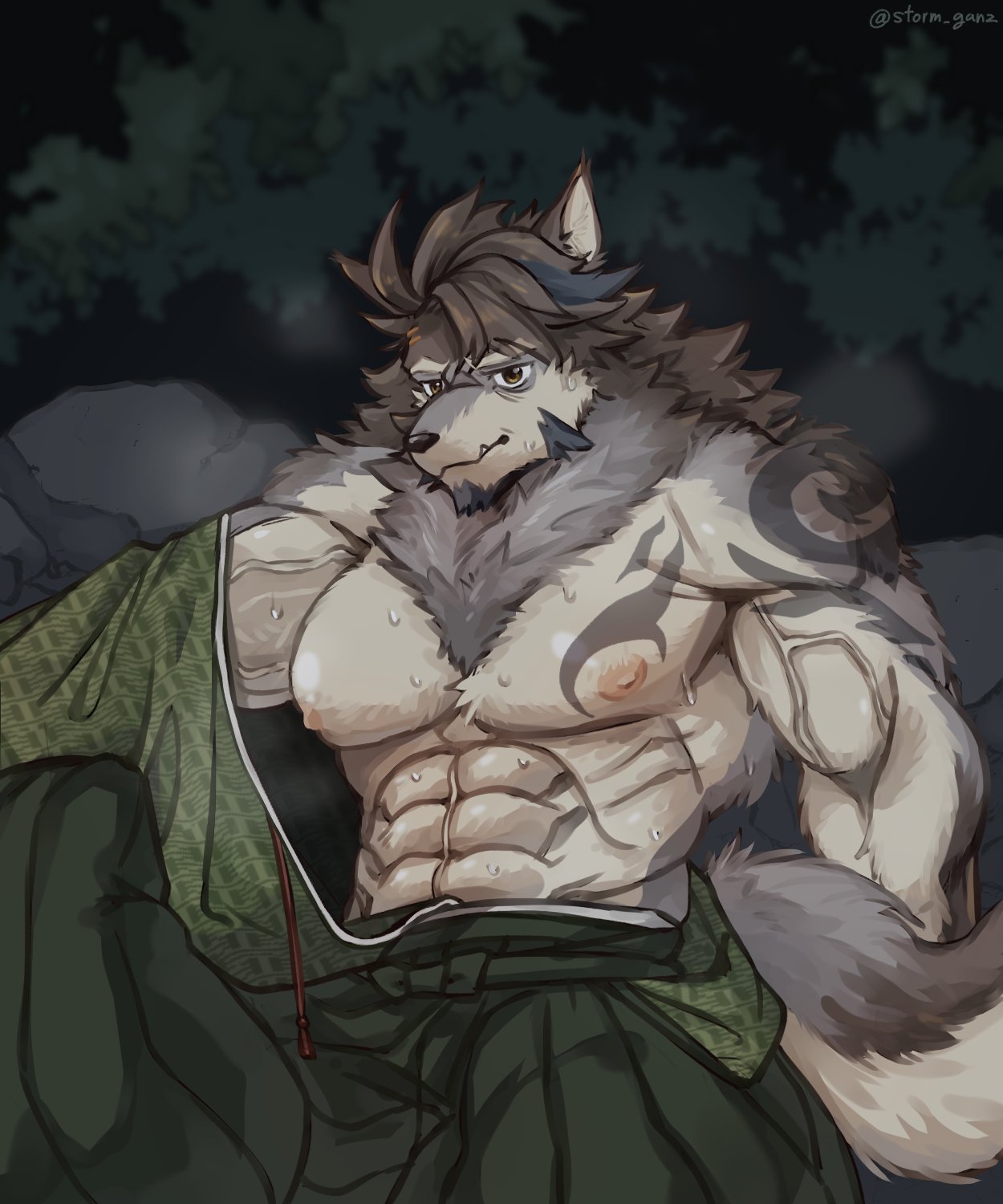 abs anthro canid canine canis clothing digital_media_(artwork) fur hair hi_res male mammal muscular muscular_anthro muscular_male nipples pecs salga_0310 solo tattoo temujin tokyo_afterschool_summoners video_games white_body white_fur wolf