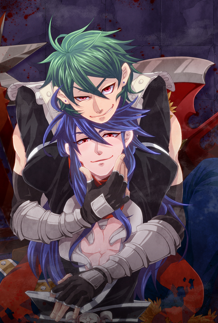 2boys ahoge arms_around_back arms_around_neck arms_up assassin_cross_(ragnarok_online) axe bangs bare_chest bio_lab black_gloves black_pants black_shirt blood blood_splatter bloody_axe bloody_weapon blue_hair blue_pants closed_mouth commentary_request dagger ear_piercing elbow_gloves eremes_guile eyebrows_visible_through_hair eyes_visible_through_hair fingerless_gloves gauntlets gloves green_hair hair_between_eyes hand_on_another's_chin howard_alt-eisen jamadhar long_hair long_sleeves looking_at_viewer multiple_boys one_knee pants piercing piyomaru029 pouch ragnarok_online red_eyes red_scarf scarf shiny shiny_hair shirt short_hair sitting skull sleeveless sleeveless_shirt torn_clothes torn_scarf torn_sleeves upper_body weapon white_shirt whitesmith_(ragnarok_online) yaoi