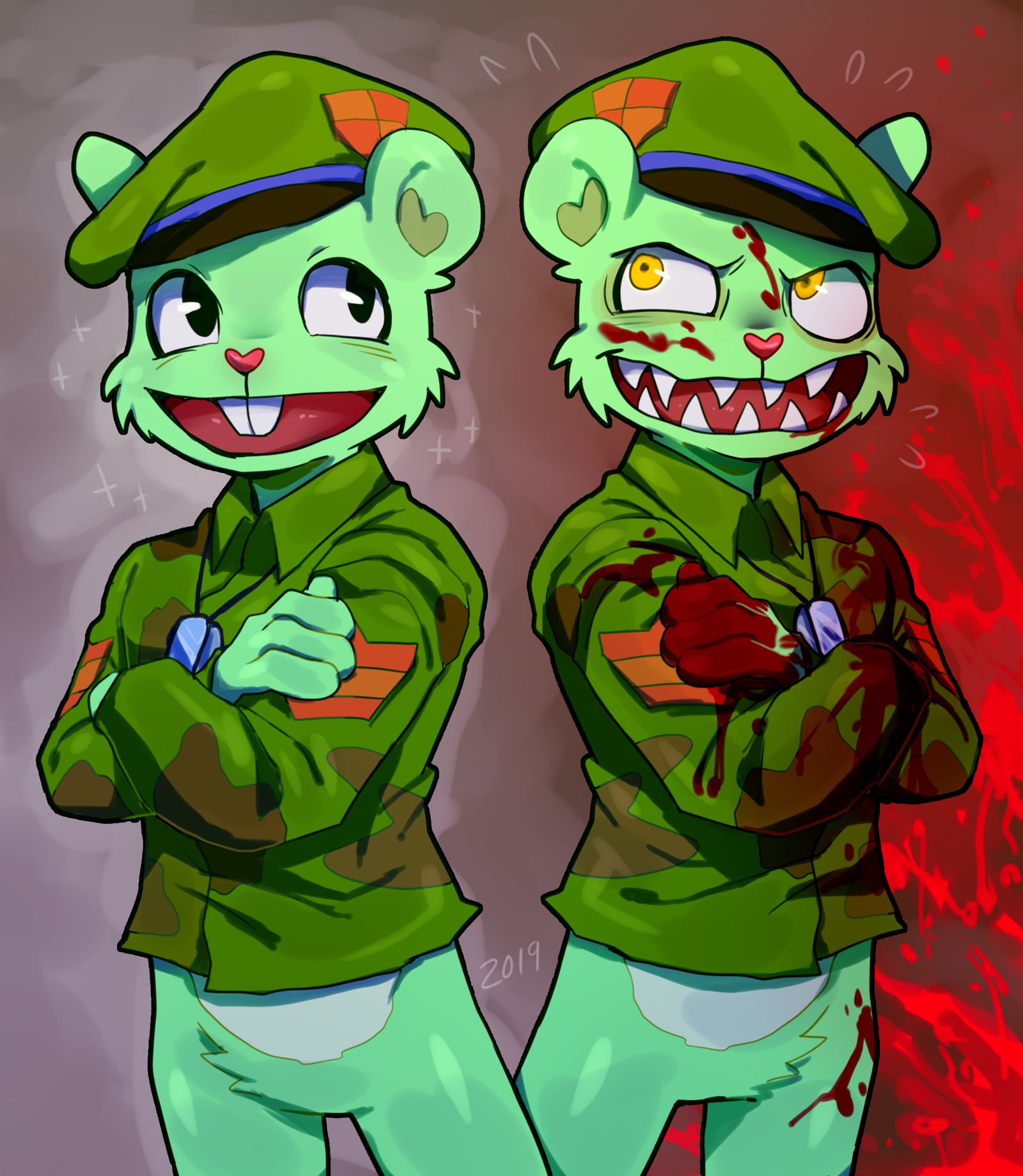 anthro blood bodily_fluids clothing daxratchet flippy_(htf) fur green_body green_fur happy_tree_friends hat headgear headwear hi_res male