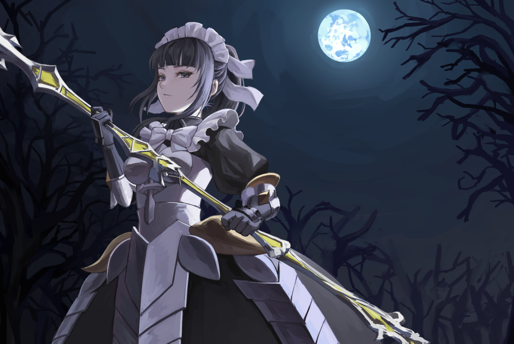 1girl armor armored_dress atsuyah0310 bangs black_dress black_eyes black_hair black_sky blunt_bangs dress faulds floating_hair forest full_moon gloves grey_gloves high_ponytail holding holding_polearm holding_weapon long_hair maid_headdress moon narberal_gamma nature night outdoors overlord_(maruyama) polearm sidelocks solo weapon white_neckwear