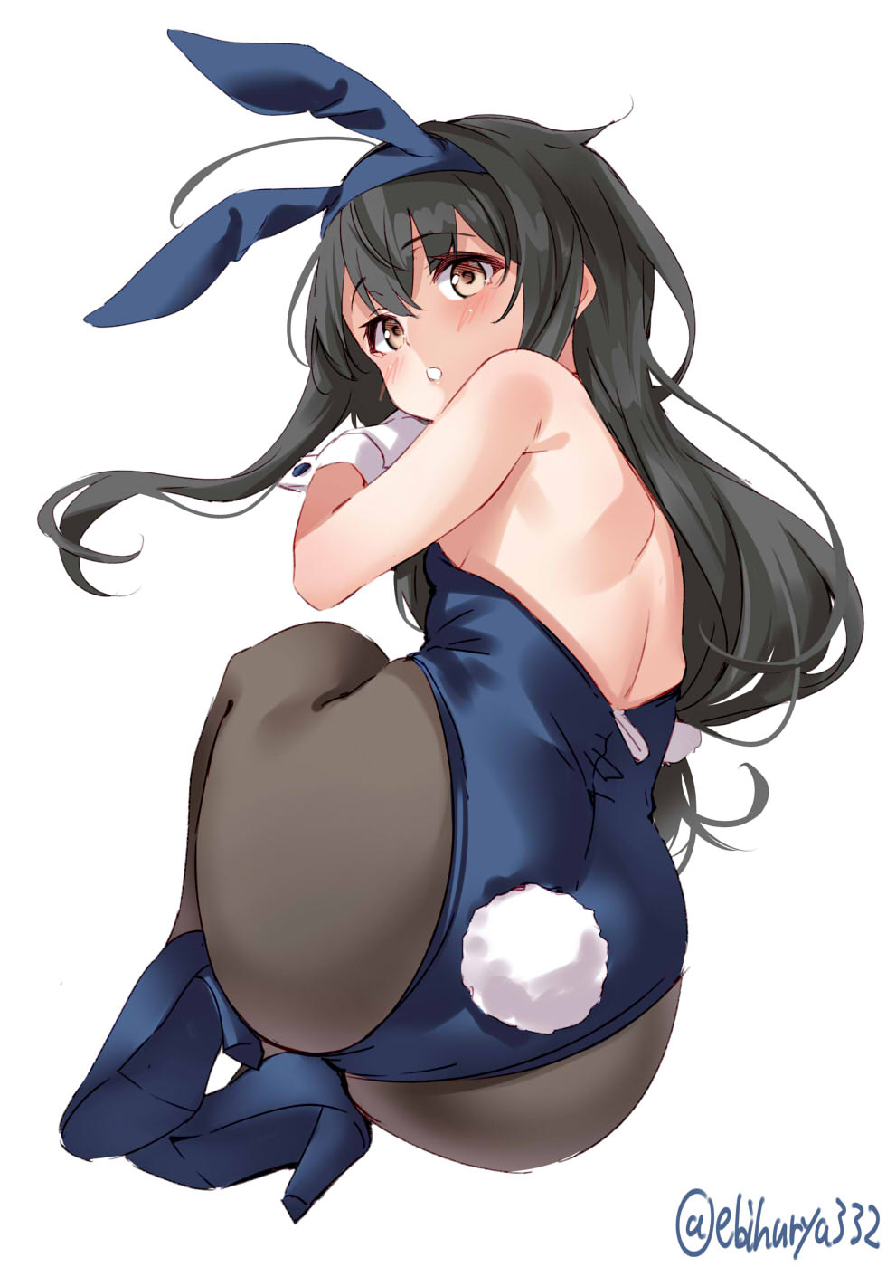 1girl animal_ears black_hair black_legwear blue_footwear blue_leotard blush brown_eyes bunny_ears bunny_tail ebifurya eyebrows_visible_through_hair fake_animal_ears fake_tail gloves hair_between_eyes hatsushimo_(kantai_collection) high_heels highres kantai_collection leotard long_hair low-tied_long_hair open_mouth pantyhose simple_background solo tail twitter_username white_background white_gloves wrist_cuffs