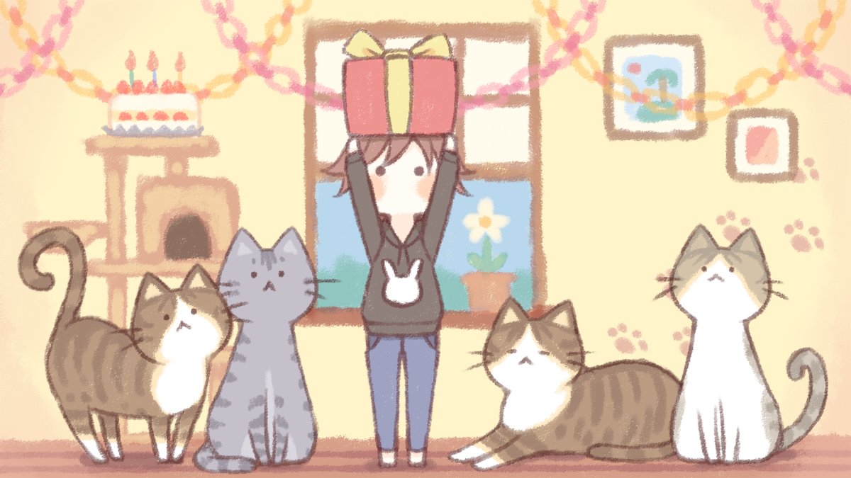1girl :&lt; animal arms_up barefoot birthday_cake black_hoodie blue_pants blush_stickers box brown_hair cake candle cat cat_tower closed_eyes closed_mouth day drawstring fire flower flower_pot food gift gift_box holding holding_gift hood hood_down hoodie indoors open_window original pants paper_chain plant potted_plant sakurato_ototo_shizuku solid_circle_eyes solo standing white_flower window